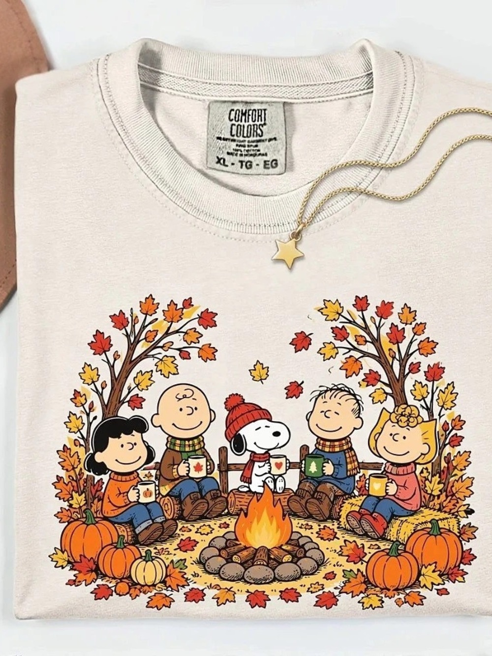 Comfort Colors Peanuts Snoopy Fall Campfire Pumpkins Vintage White T-Shirt
